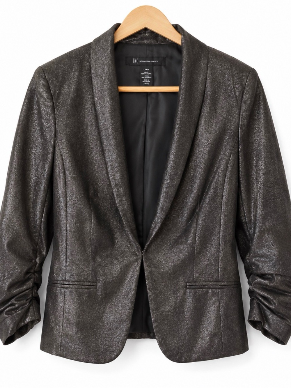 INC International Concepts Shiny Black metallic ruched sleeve large polyester